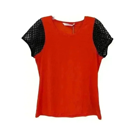 Women's Orange Black Mesh Short Sleeve Size L Large Athletic Top by Gottex NEW - Picture 3 of 16